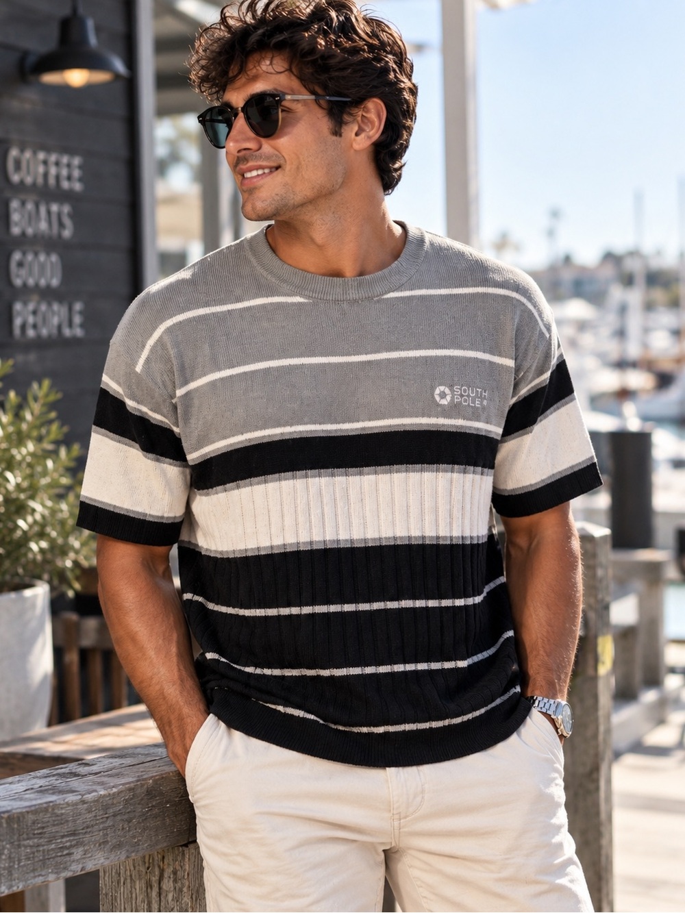 South Pole Ribbed Knit Striped Tee Gray Black White Y2K Men’s M